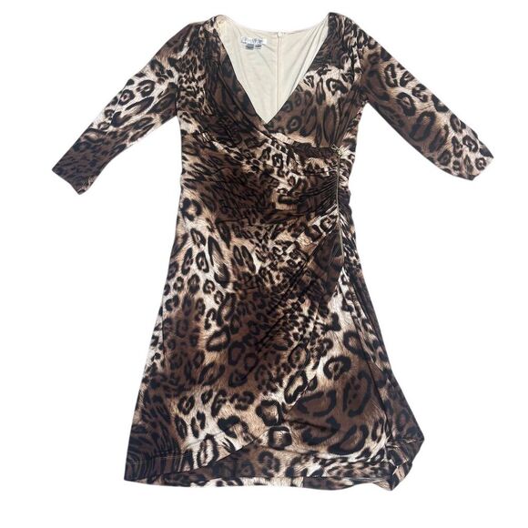 Like New Kay Unger Leopard Print Faux Wrap Dress Size 10 Knee Length 3/4 Sleeve - Picture 4 of 5